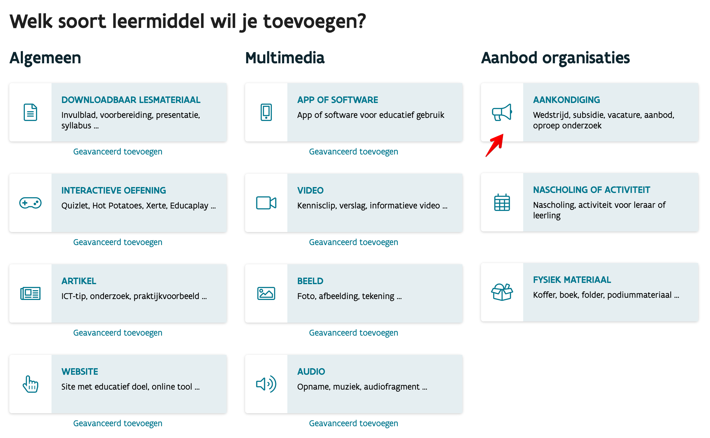 Toevoegen aankondiging schermafbeelding