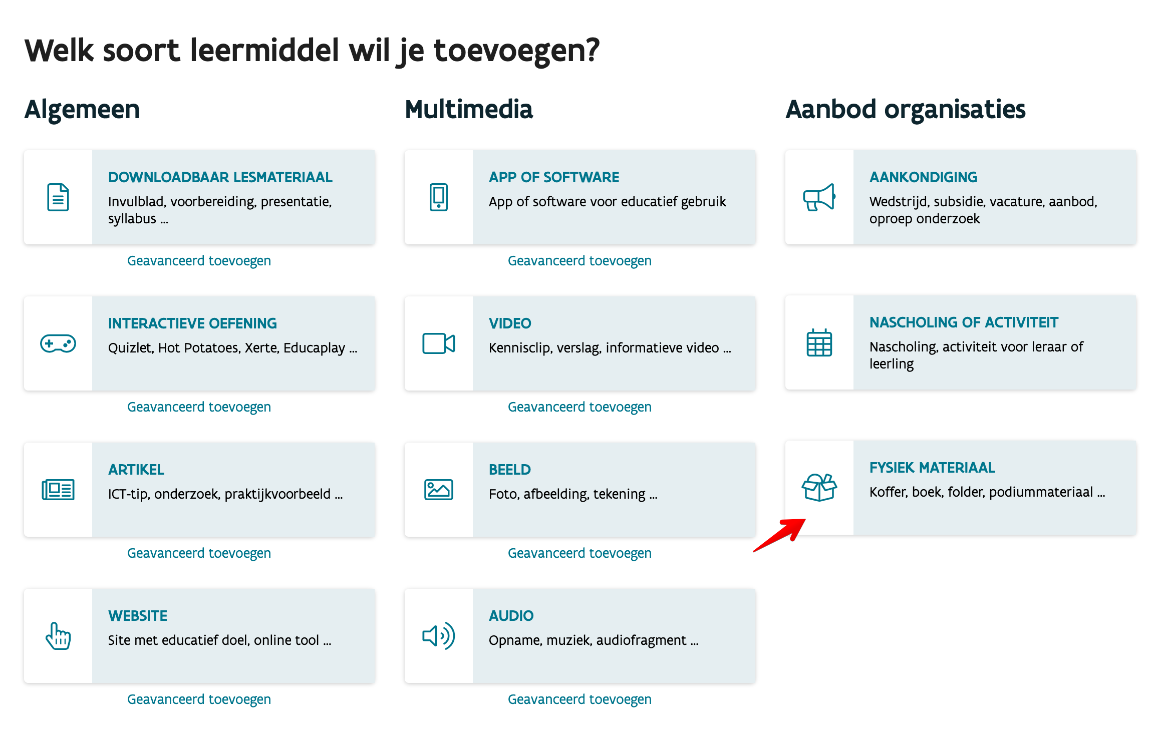 Voeg toe: fysiek materiaal schermafbeelding