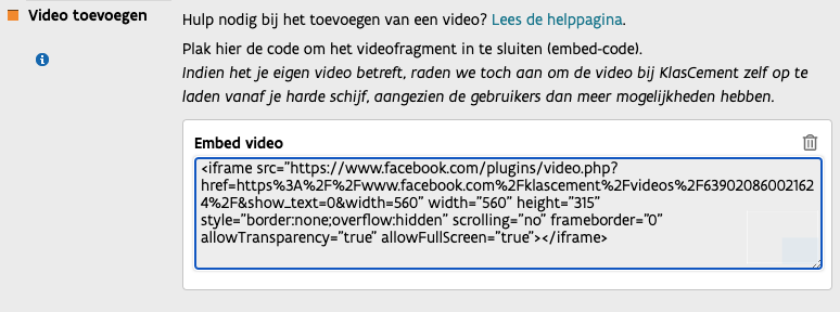 Facebook embed code binnen KlasCement toevoegprocedure