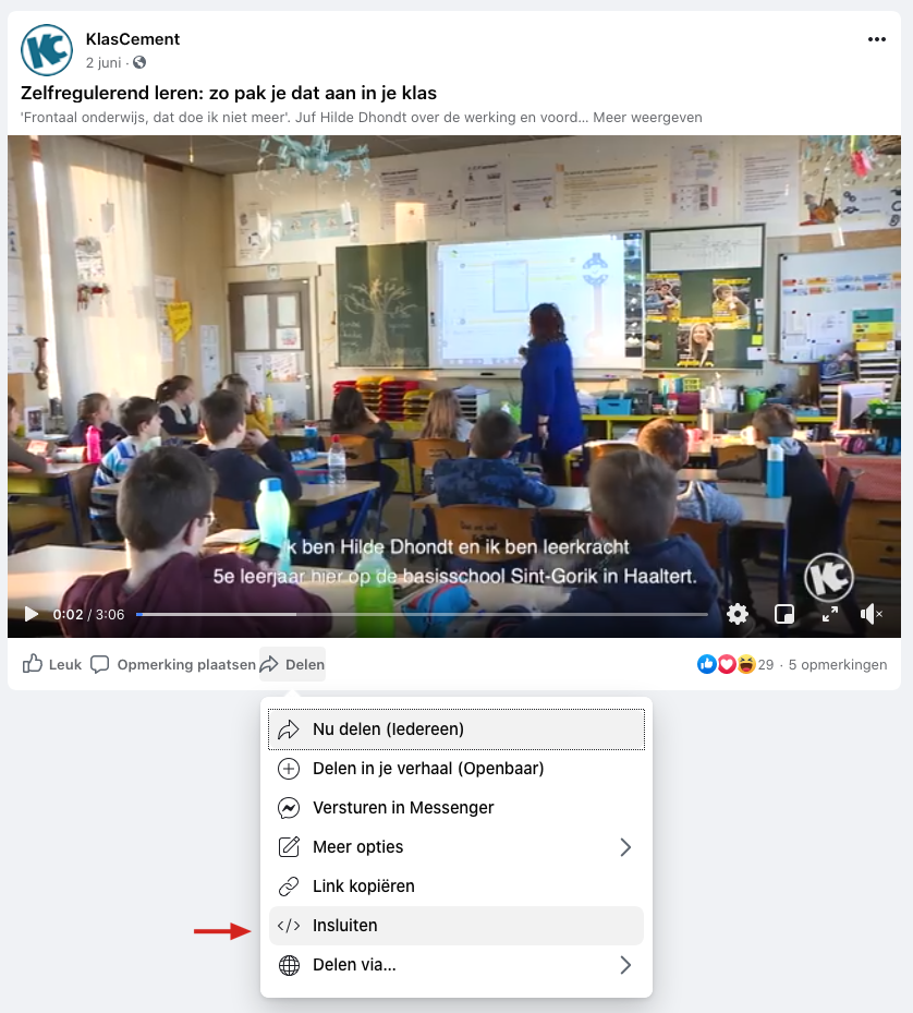 Facebookvideo insluiten via Delen
